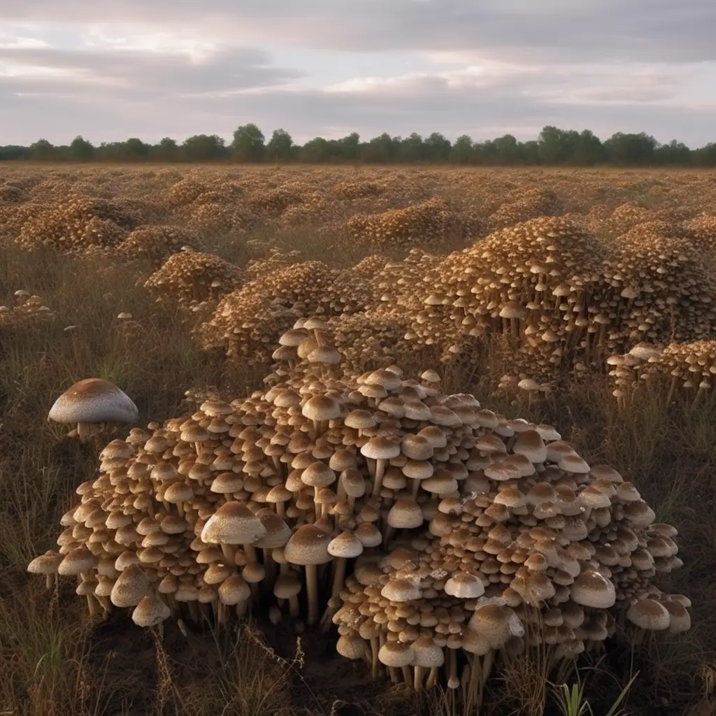 a field full of mushrooms.