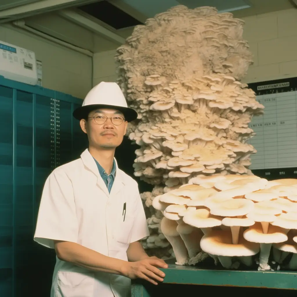 A photograph of a Japanese scientist posing in front of a very tall white fungus.